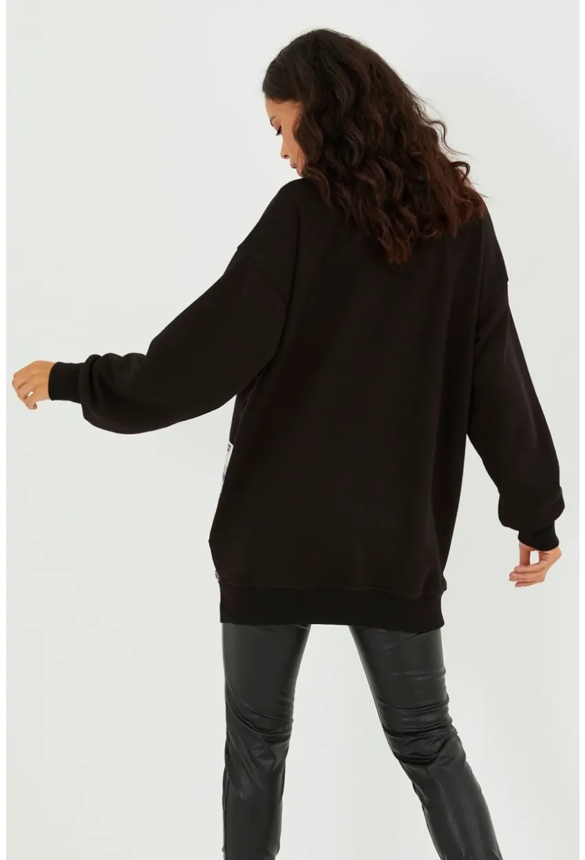 Kadın Siyah Yanları Fermuarlı Oversize Sweatshirt BK231095