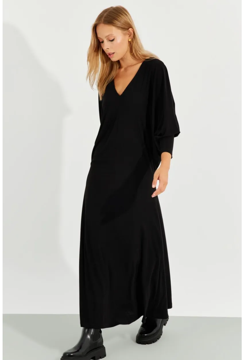 Kadın Siyah Yarasa Kol Midi Elbise BK272021