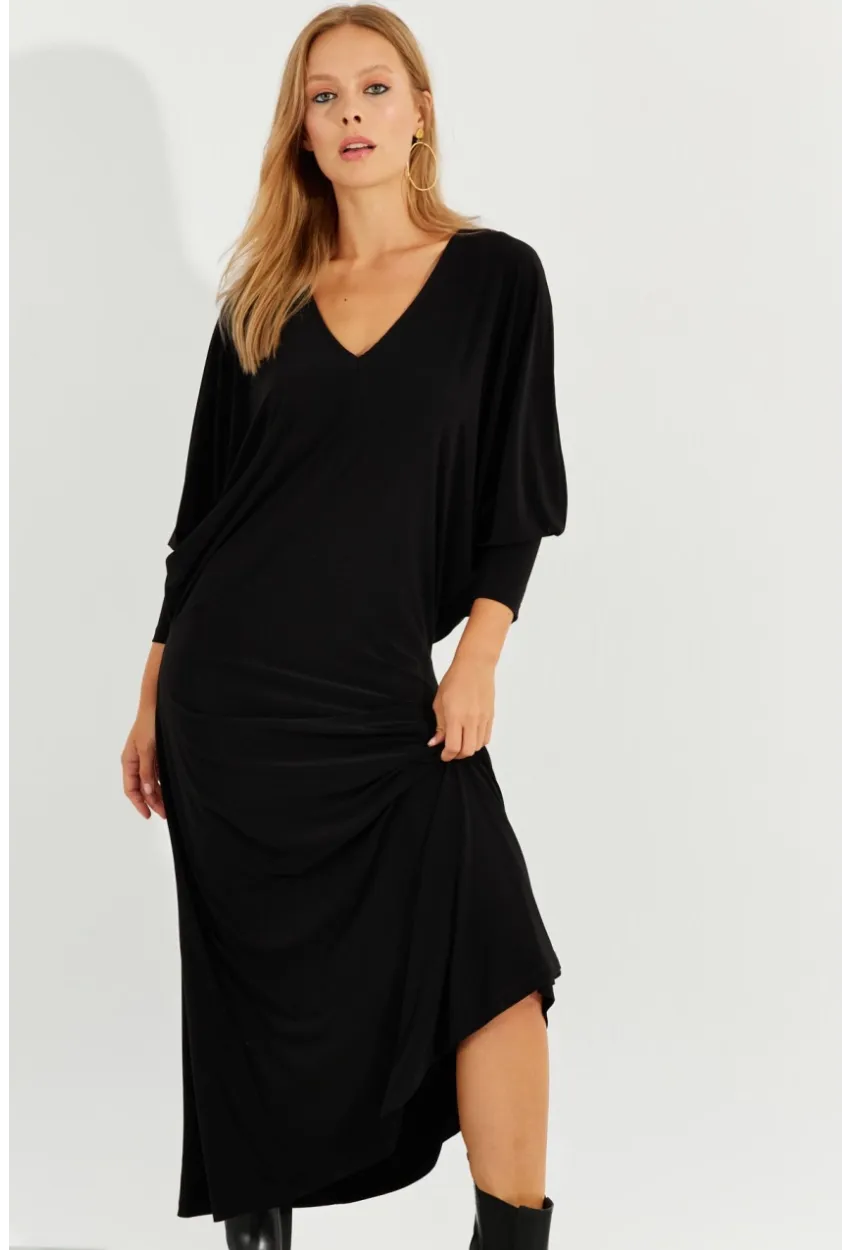 Kadın Siyah Yarasa Kol Midi Elbise BK272021