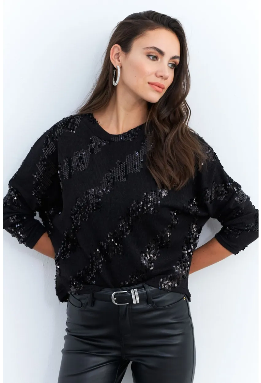 Kadın Siyah Yarasa Kol Payetli Triko Bluz PP6435