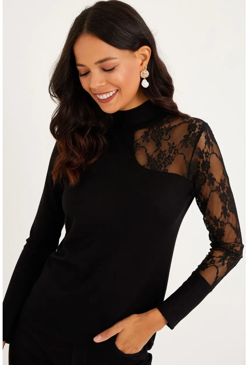Kadın Siyah Yarım Balıkçı Dantelli Bluz BK1276