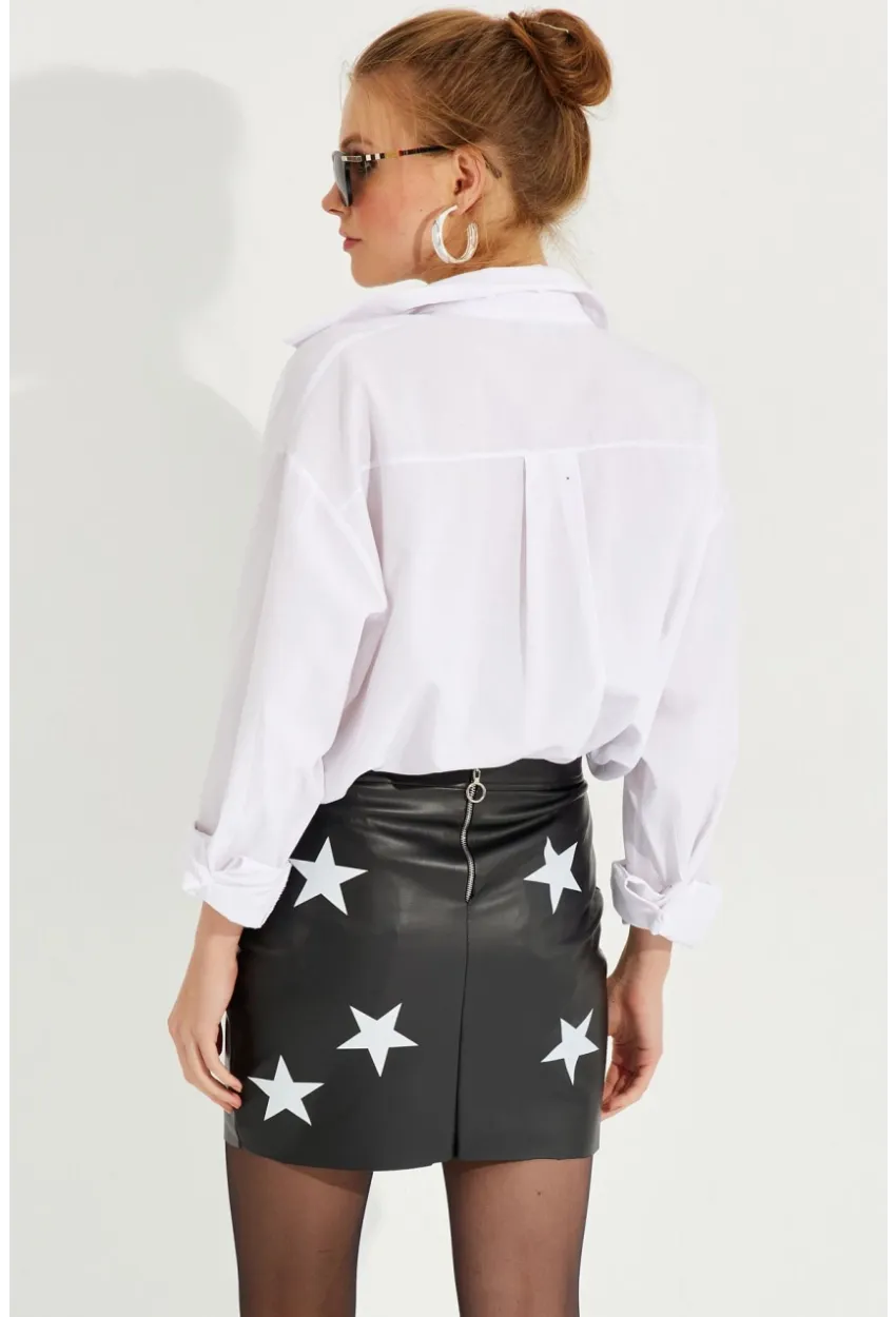 Kadın Siyah Yıldızlı Mini Suni Deri Etek NH76