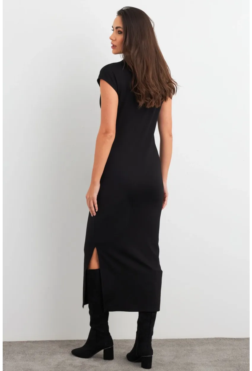 Kadın Siyah Yırtmaçlı Basic Midi Elbise AYD408