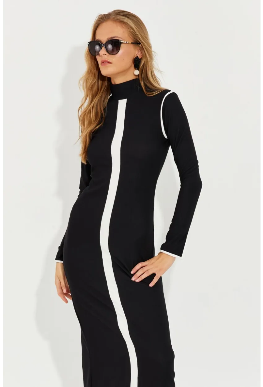 Kadın Siyah Yırtmaçlı Biyeli Midi Elbise RMZ1000