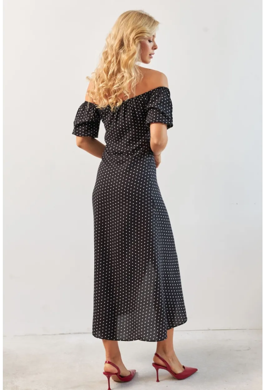 Kadın Siyah Yırtmaçlı Desenli Midi Elbise KED0243