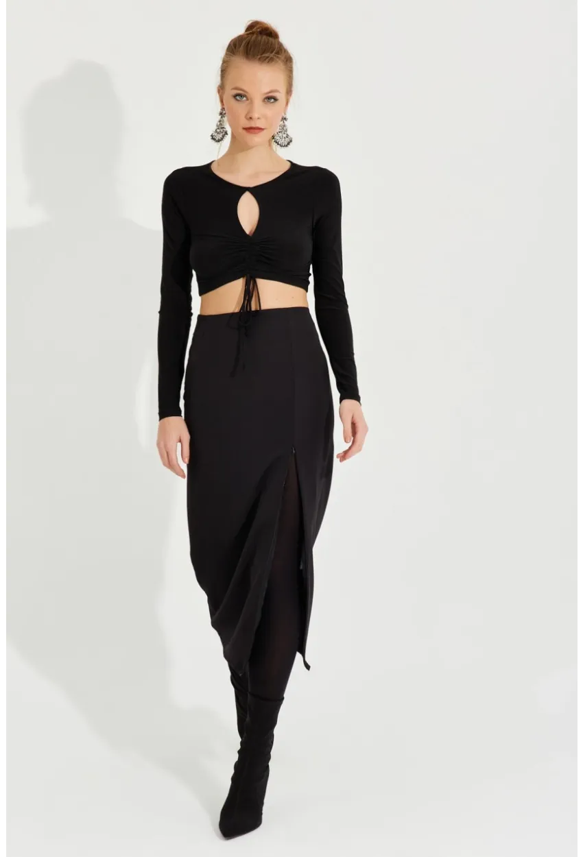 Kadın Siyah Yırtmaçlı Fermuarlı Midi Etek YEL221370