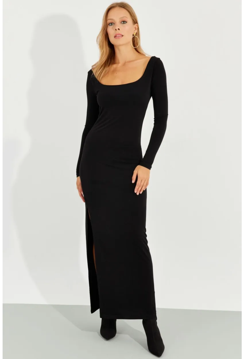 Kadın Siyah Yırtmaçlı Maxi Elbise MEN2007