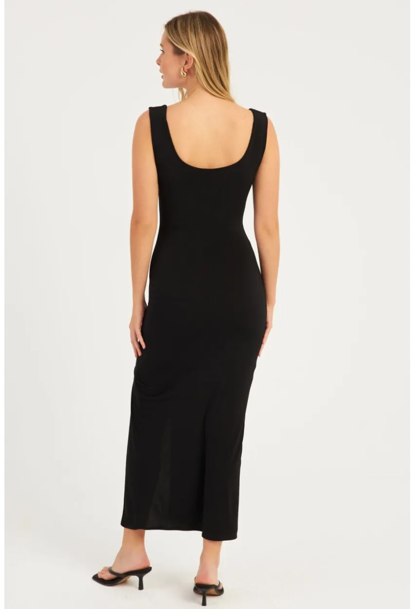 Kadın Siyah Yırtmaçlı Midi Elbise  MON1152