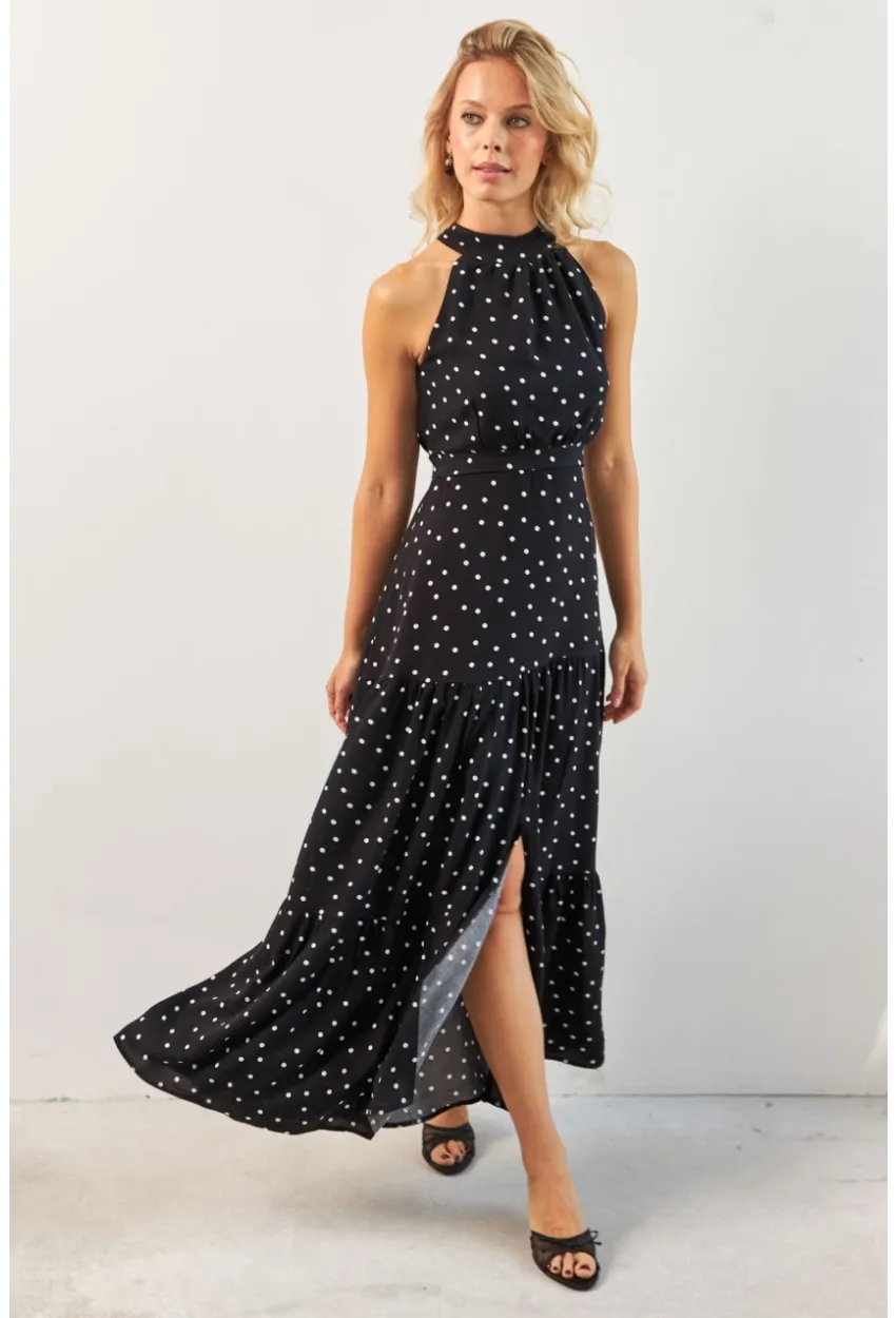 Kadın Siyah Yırtmaçlı Puantiyeli Midi Elbise KED4233