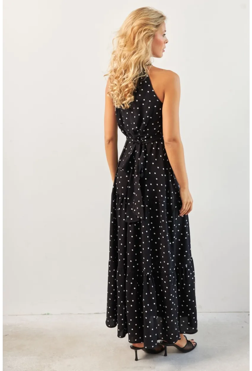 Kadın Siyah Yırtmaçlı Puantiyeli Midi Elbise KED4233