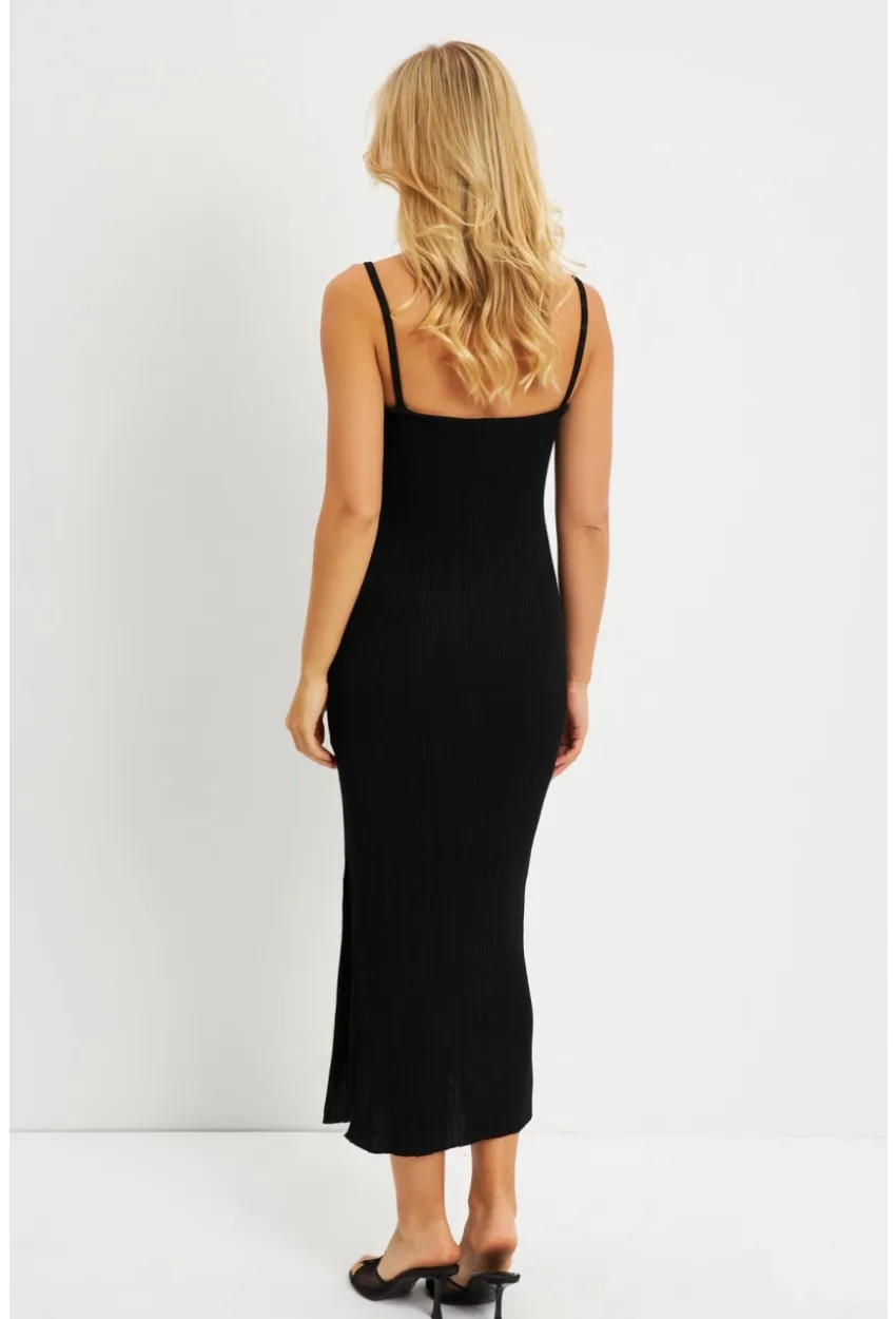 Kadın Siyah Yırtmaçlı Triko Midi Elbise KZ535