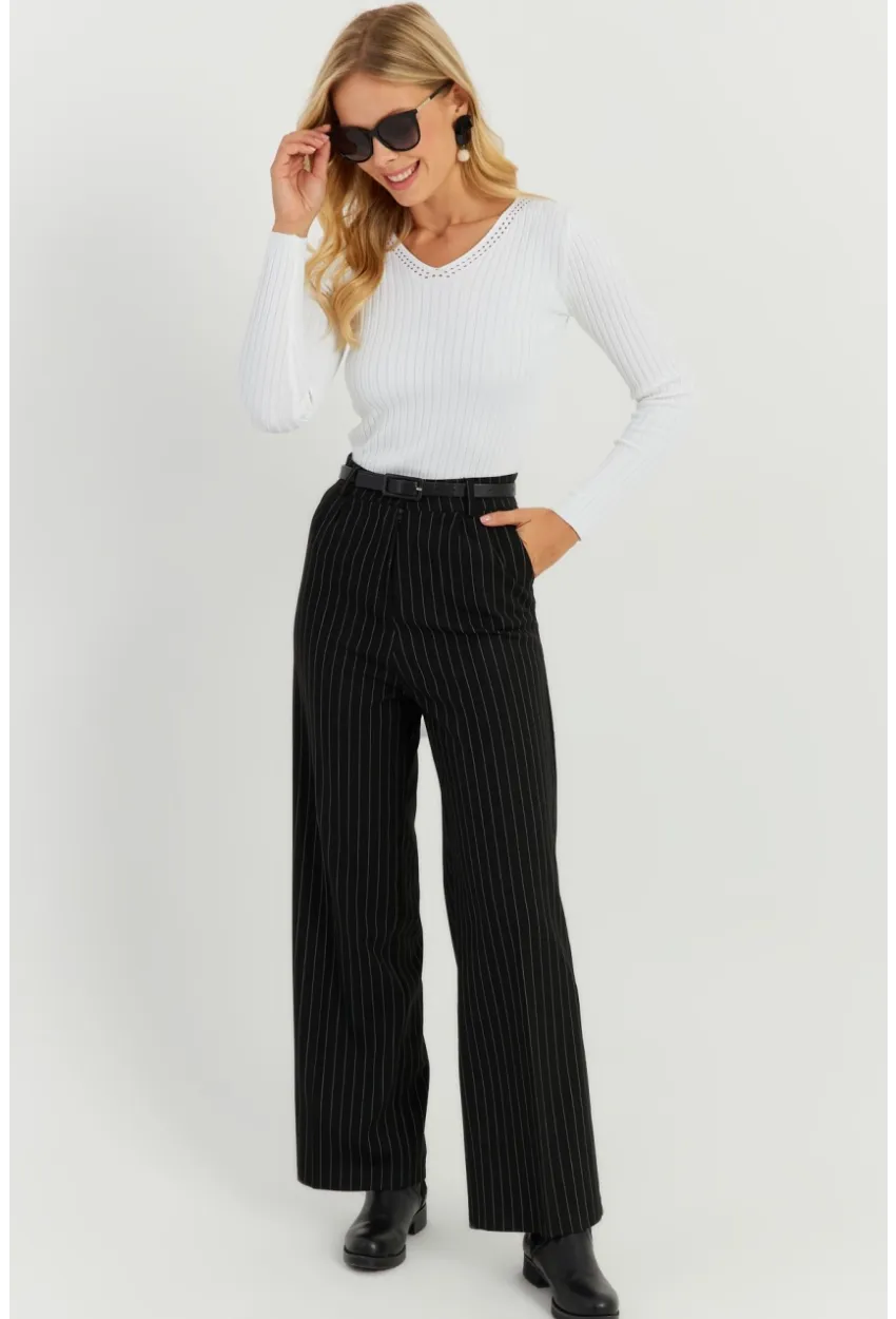 Kadın Siyah Yüksek Bel Çizgili Pantolon ELA108