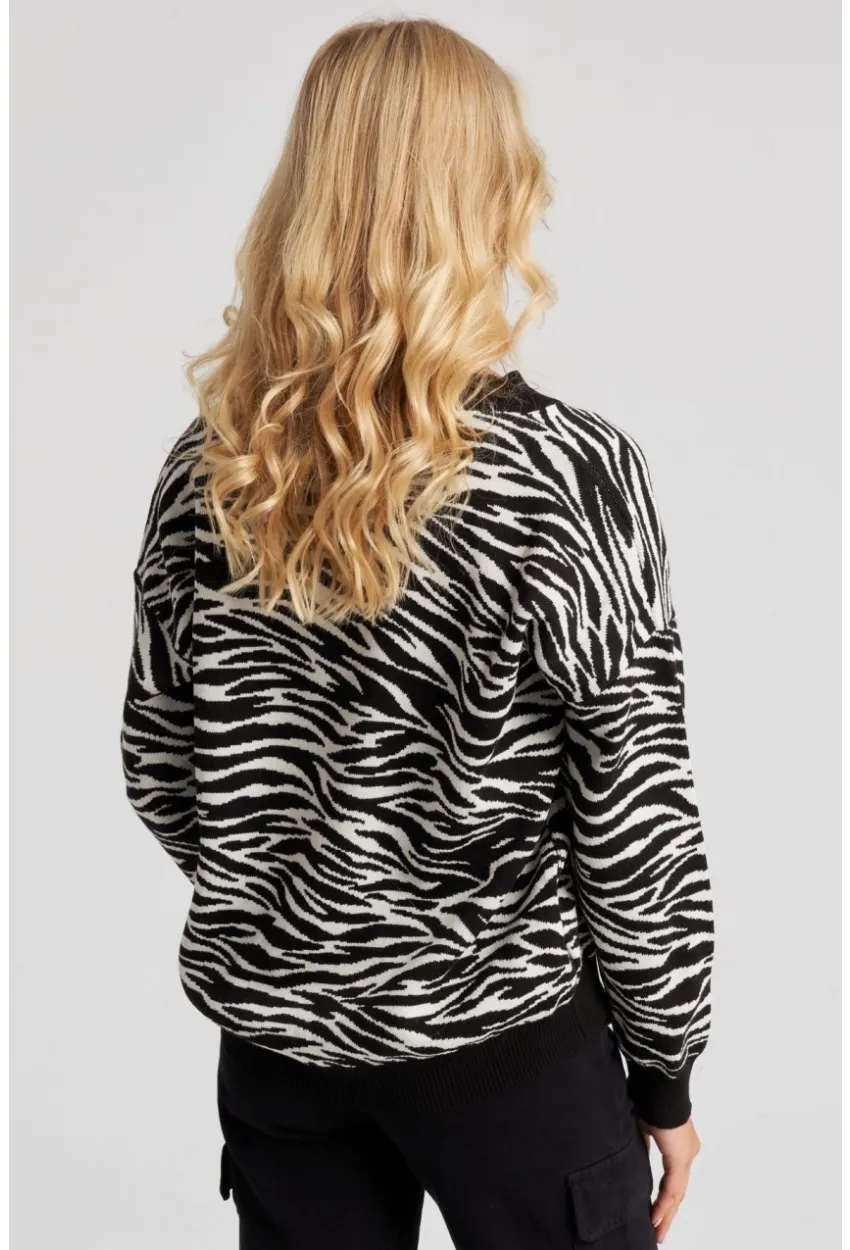 Kadın Siyah Zebra Desenli Triko Kazak YZ521