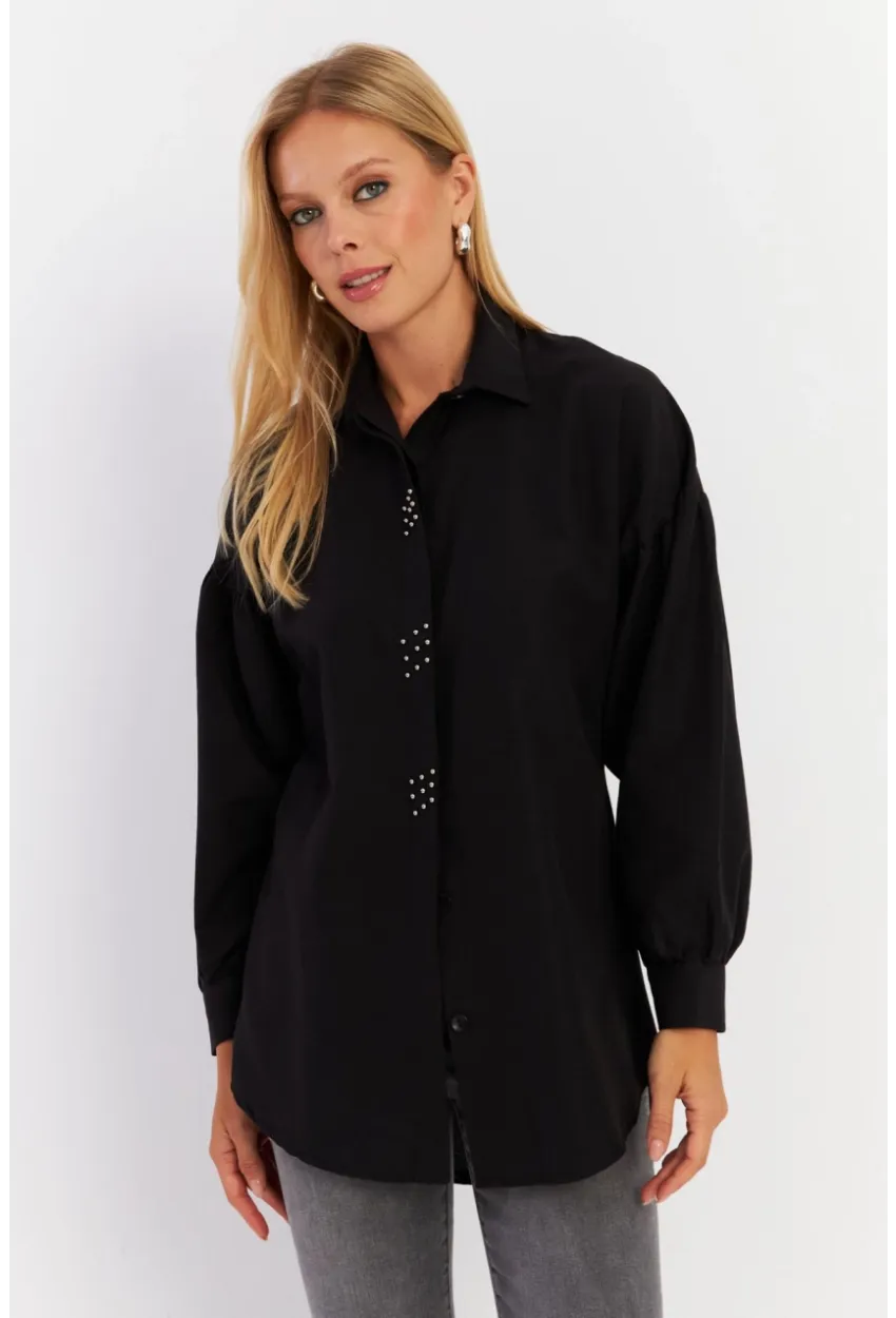 Kadın Siyah Zımbalı Gömlek MASF08