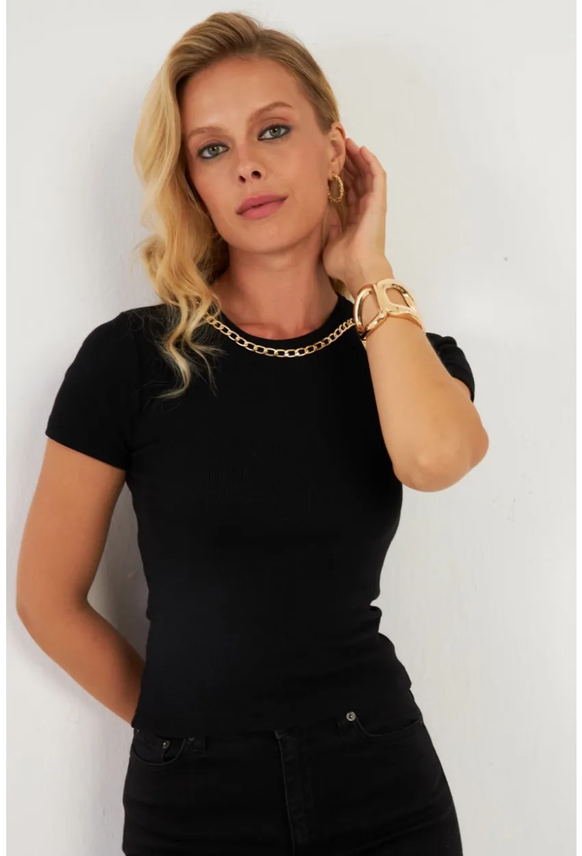 Kadın Siyah Zincir Aksesuarlı Bluz XL2020