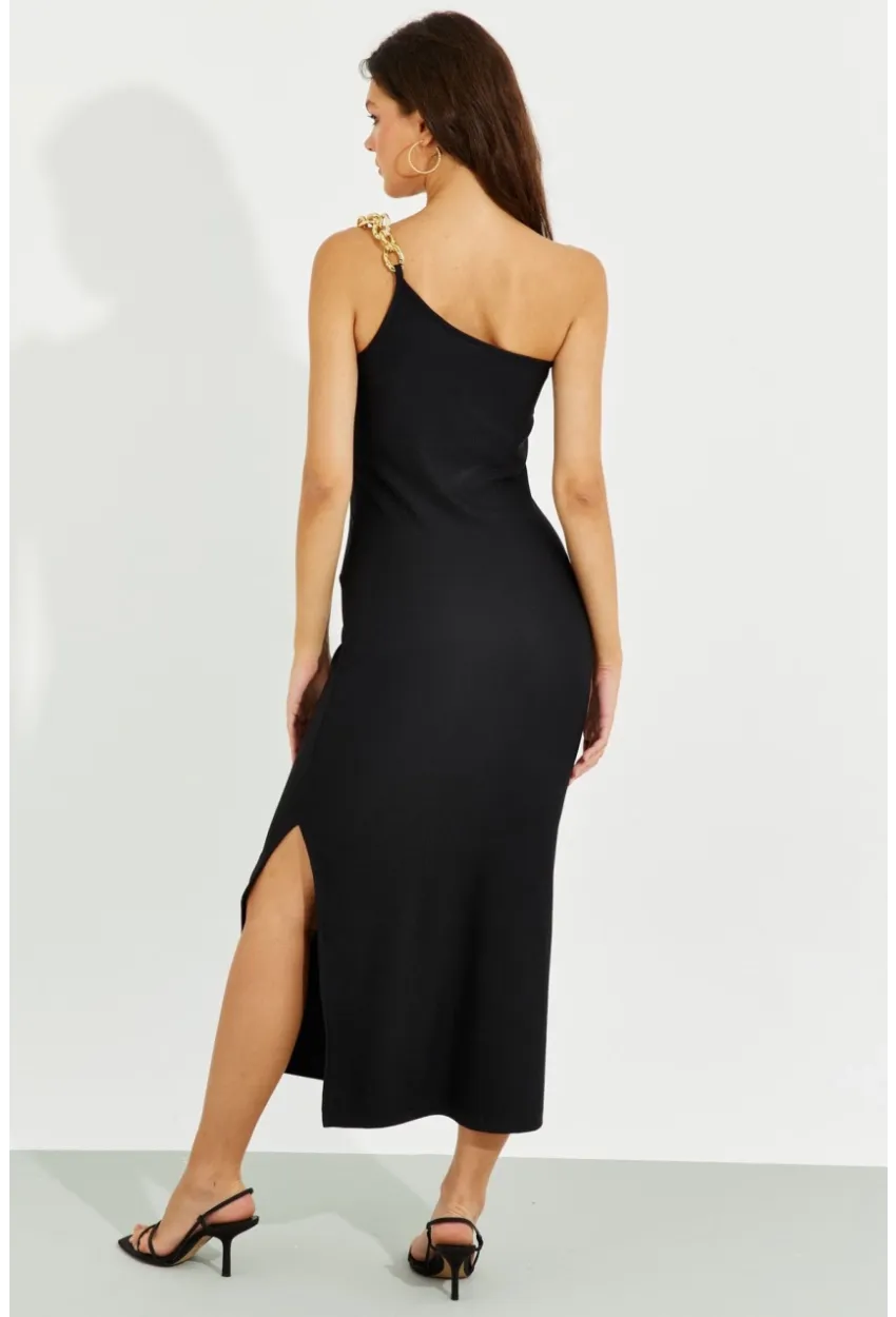 Kadın Siyah Zincir Detaylı Tek Omuz Midi Elbise RMZ21065