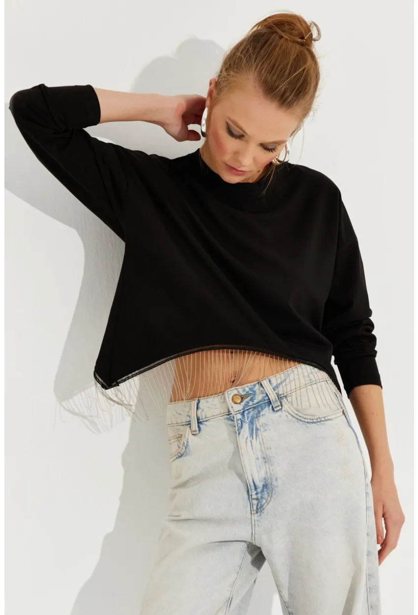 Kadın Siyah Zincirli Asimetrik Sweatshirt EY2664