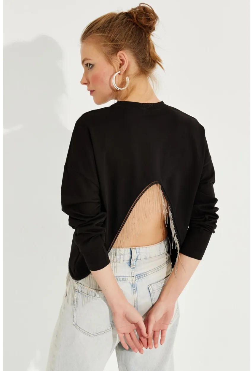 Kadın Siyah Zincirli Asimetrik Sweatshirt EY2664
