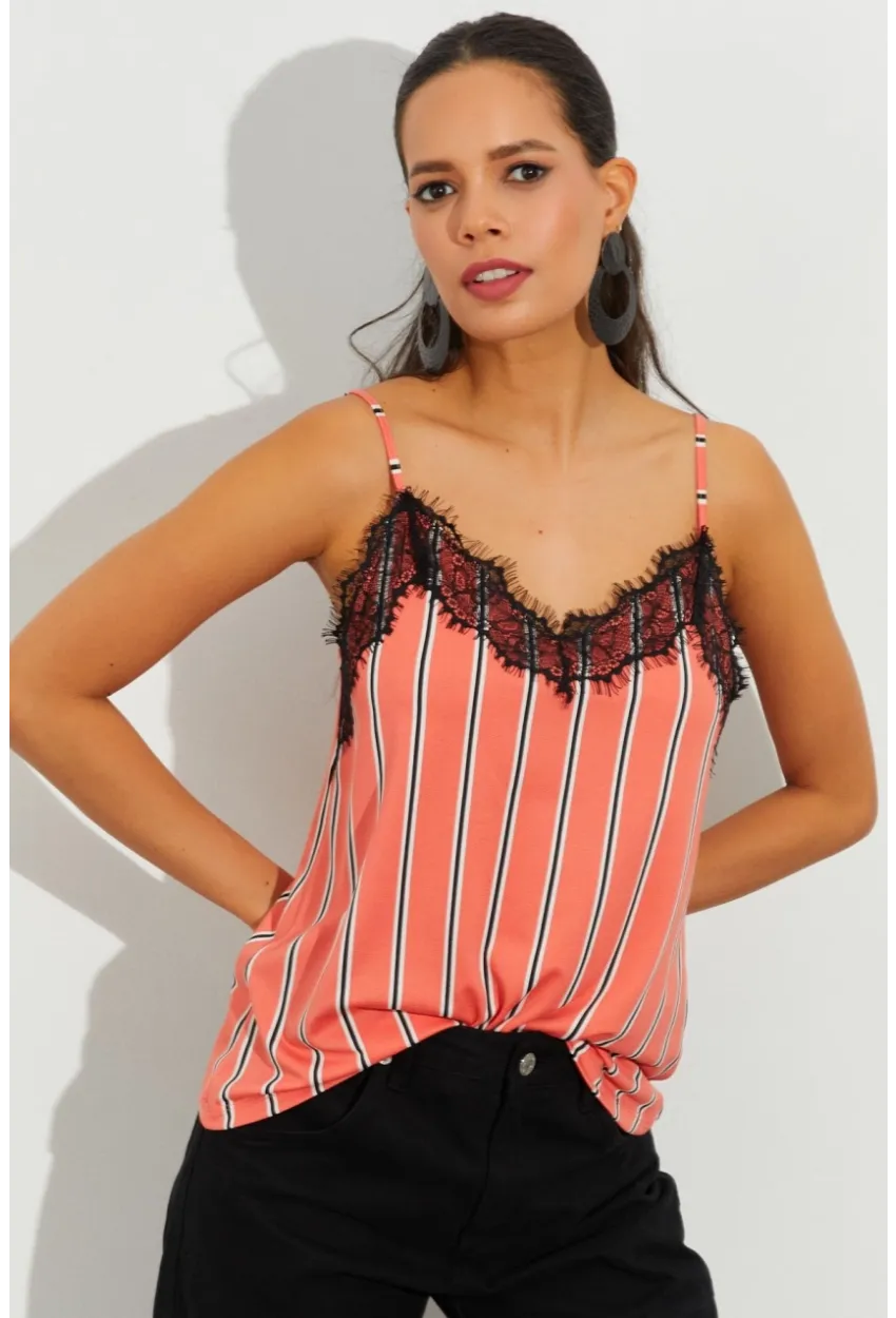 Kadın Somon Dantelli Çizgili Atlet LPP1223