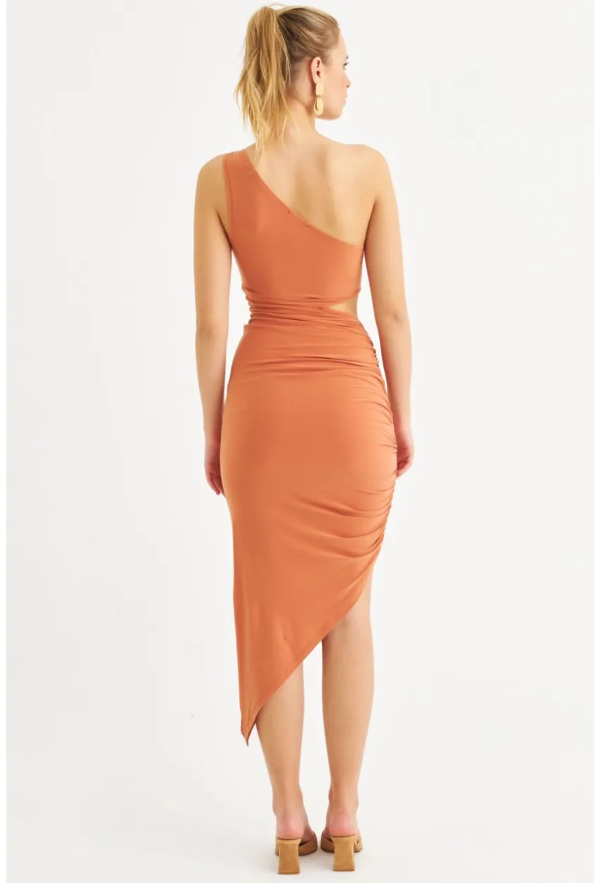 Kadın Somon Drapeli Dekolteli Midi Elbise SDY1264