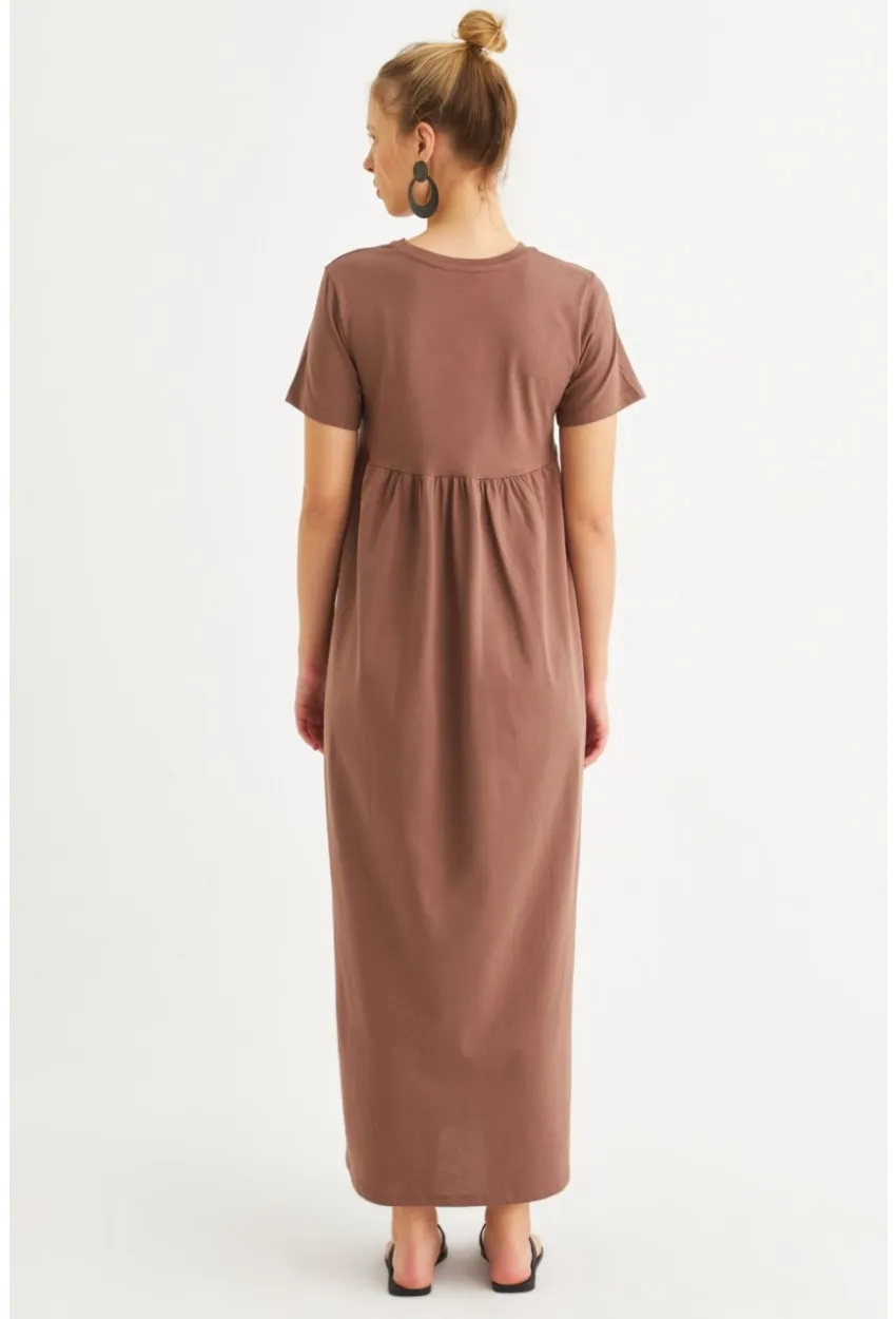 Kadın Sütlü Kahve Asimetrik Dikişli Maxi Elbise MDMR440