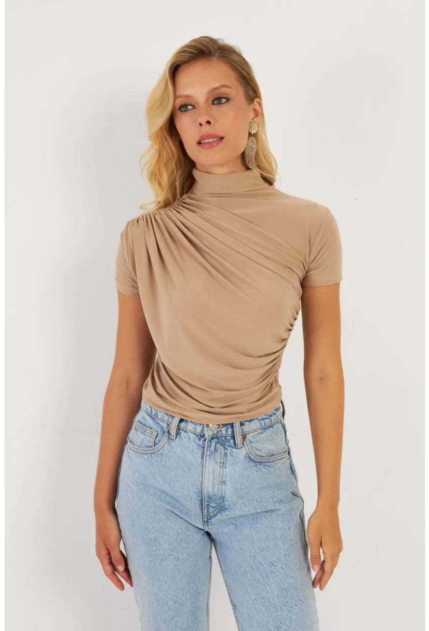 Kadın Sütlü Kahve Büzgülü Bluz LPP1287