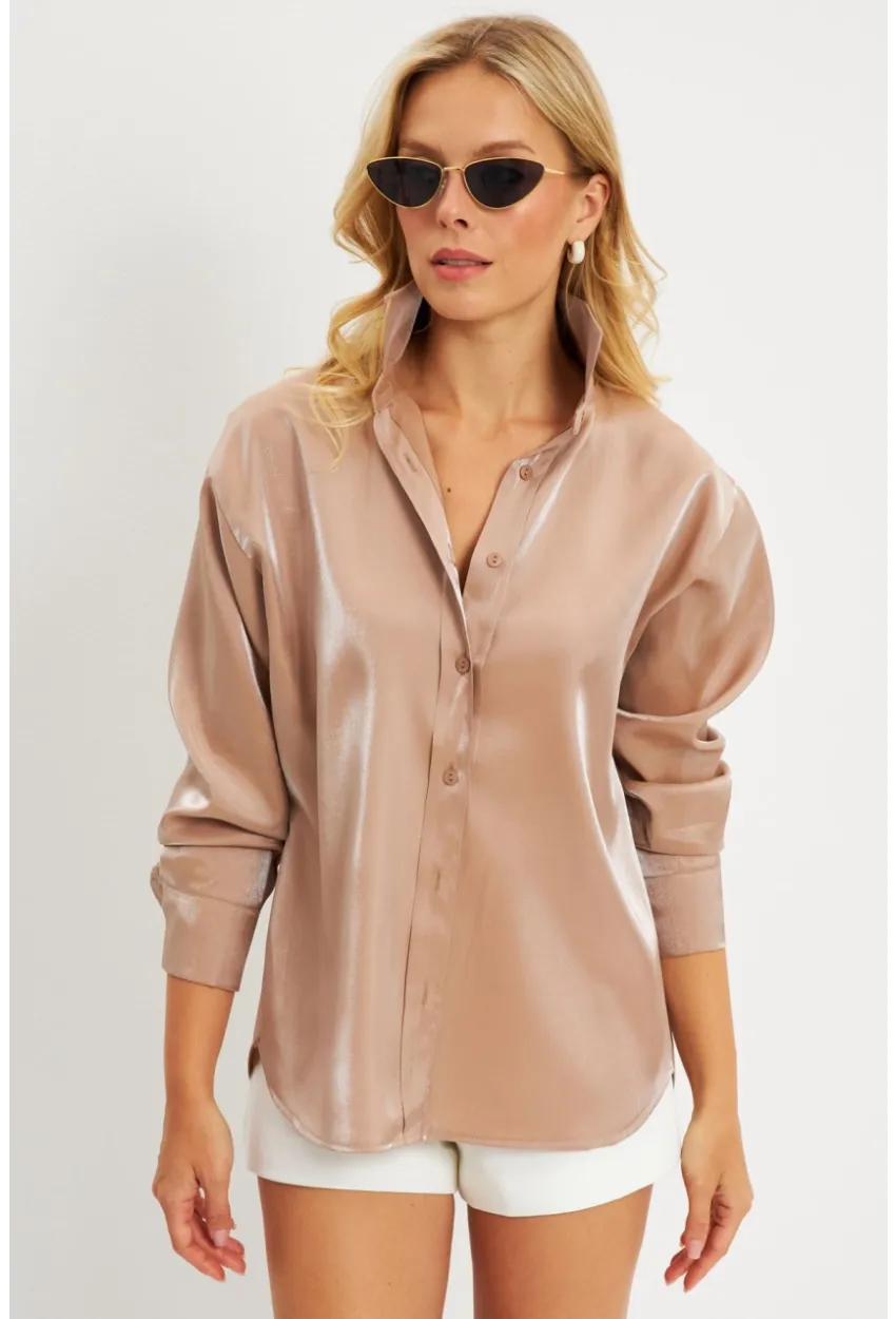 Kadın Sütlü Kahve Parlak Gömlek QRS8022