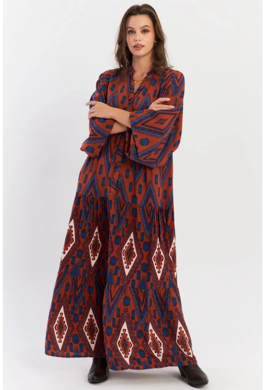 Kadın Taba Desenli Volanlı Maxi Dokuma Elbise ALO339
