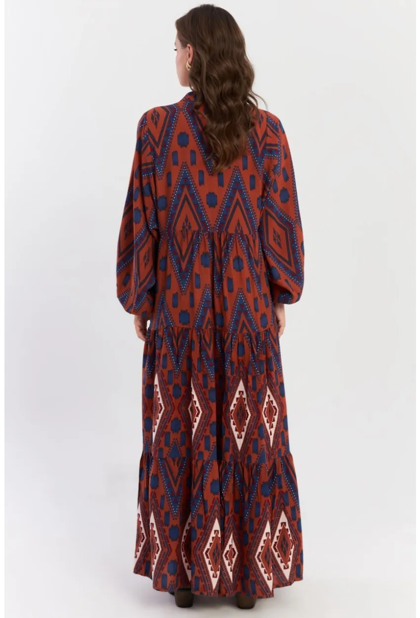 Kadın Taba Desenli Volanlı Maxi Dokuma Elbise ALO339