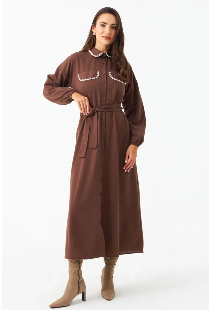 Kadın Taba Kemerli Maxi Gömlek Elbise MASF17