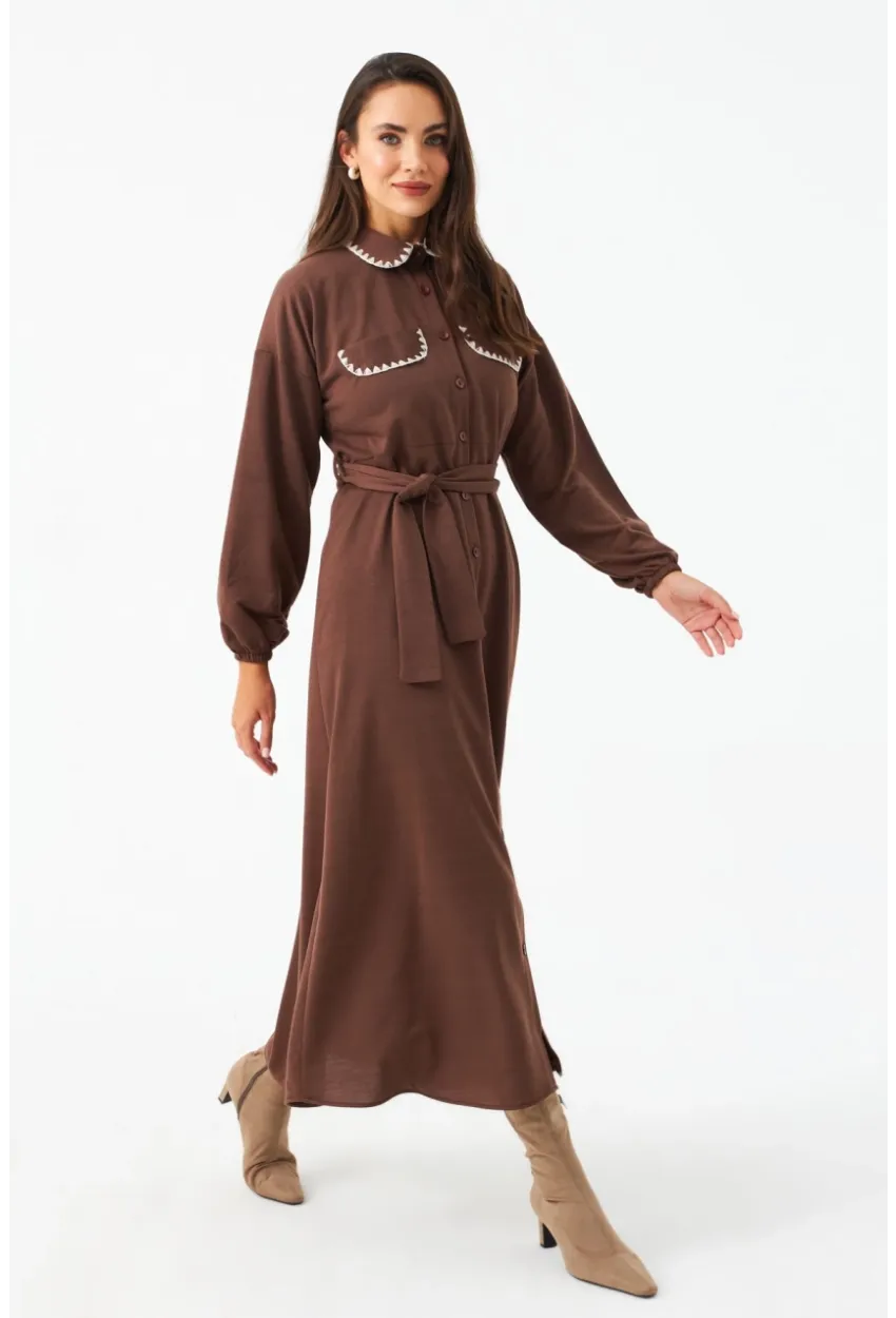 Kadın Taba Kemerli Maxi Gömlek Elbise MASF17