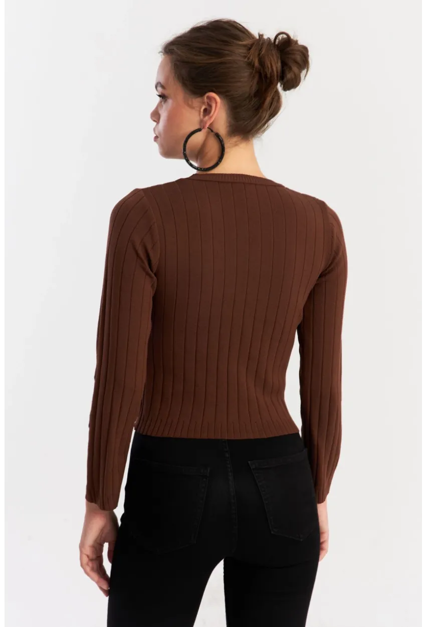 Kadın Taba Kısa Triko Bluz YV290