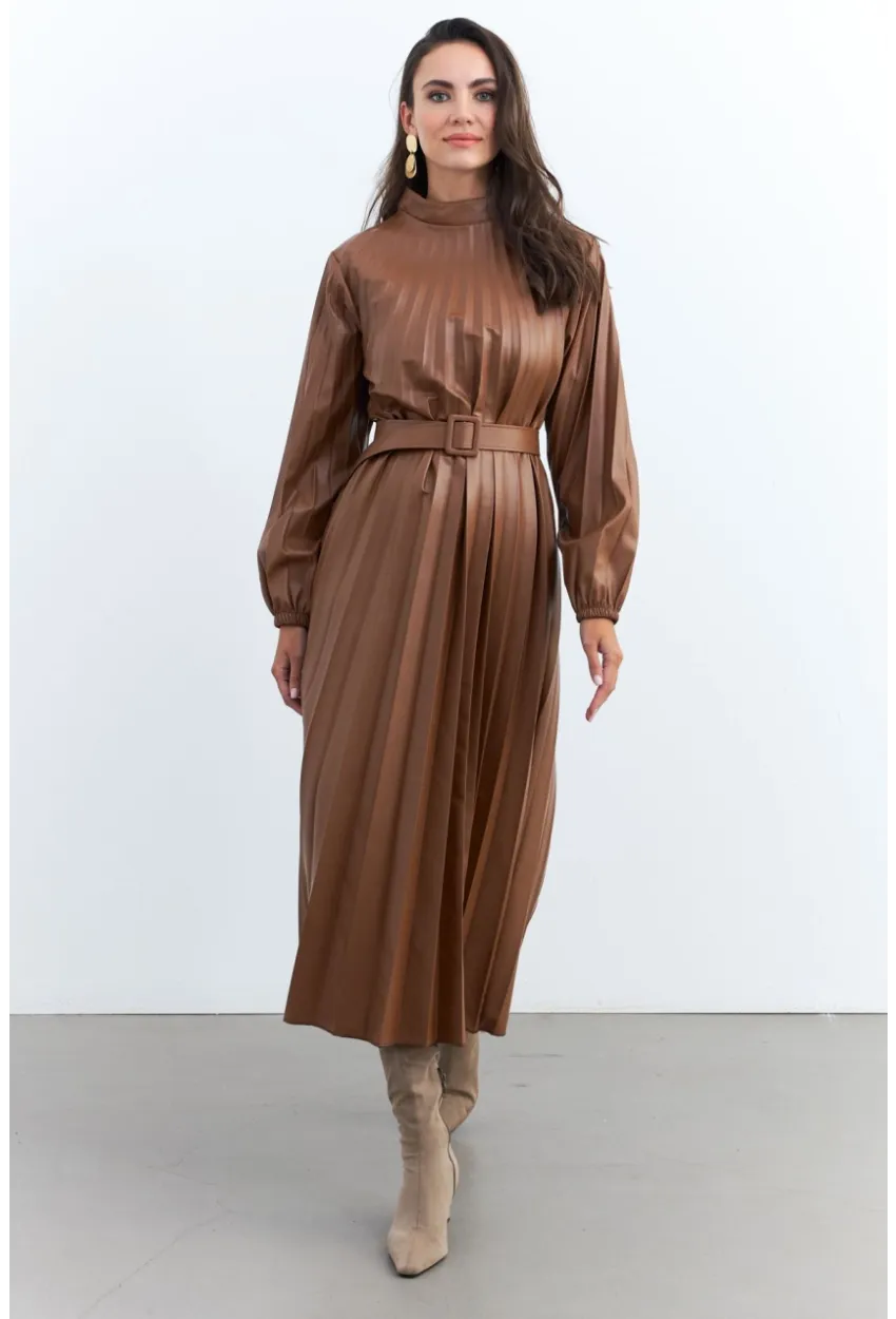 Kadın Taba Pileli Kemerli Maxi Elbise MALZ99