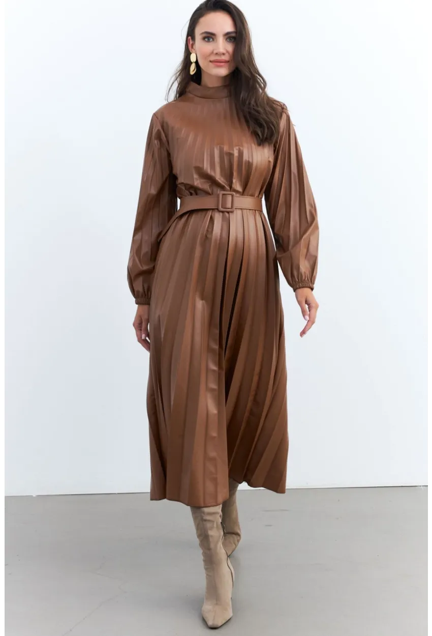 Kadın Taba Pileli Kemerli Maxi Elbise MALZ99