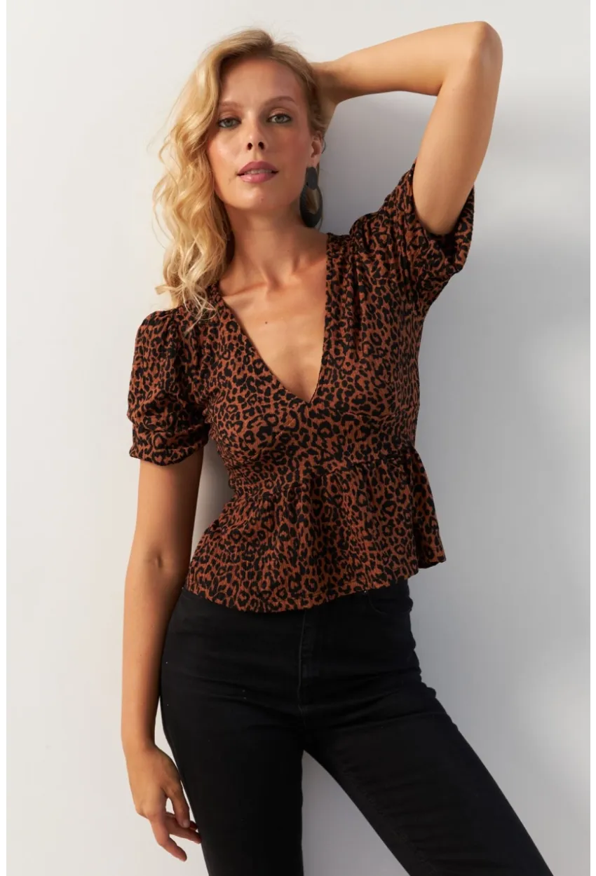 Kadın Taba V Yaka Desenli Bluz KAZ21