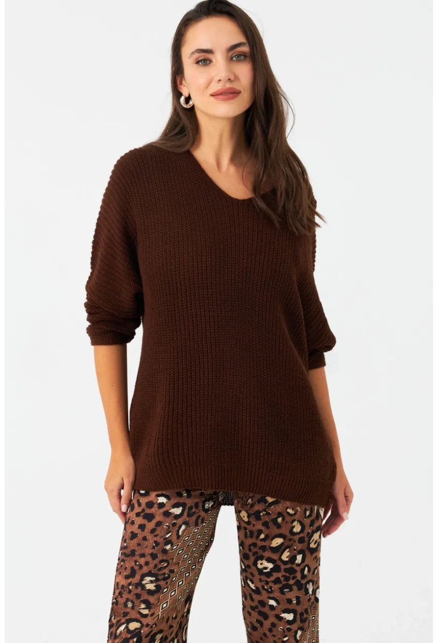 Kadın Tarçın V Yaka Salaş Triko Bluz SMT158