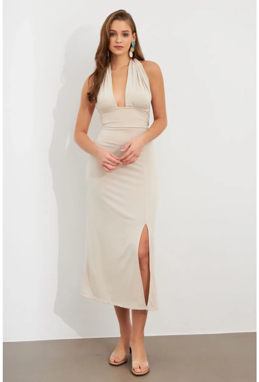 Kadın Taş Bağlamalı Sırt Dekolteli Maxi Elbise UG2003