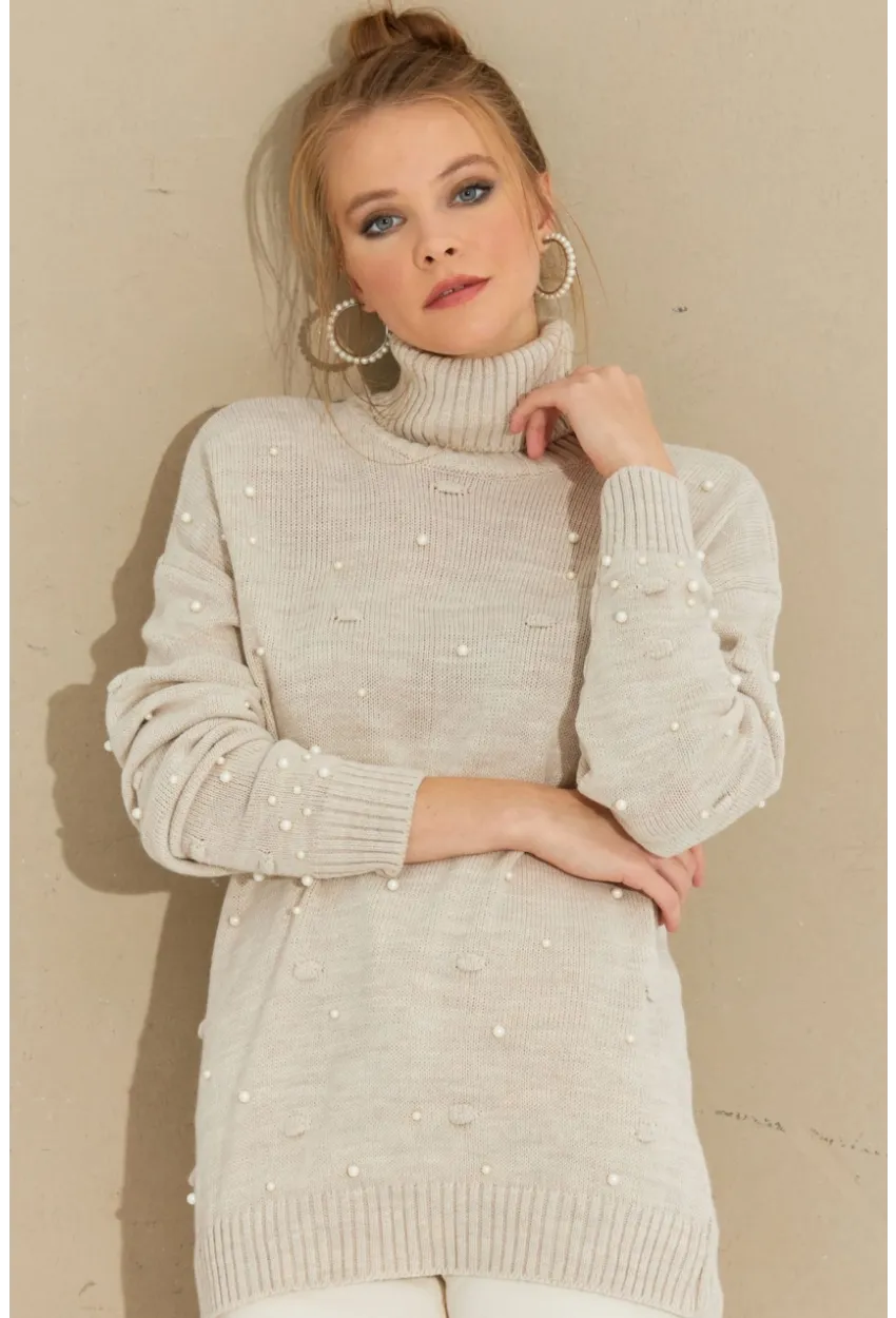 Kadın Taş Balıkçı Yaka İncili Triko Kazak MSS129