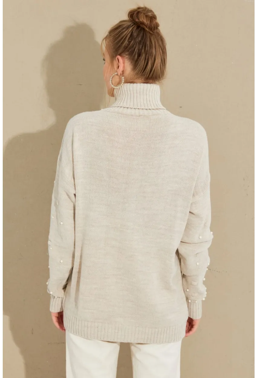 Kadın Taş Balıkçı Yaka İncili Triko Kazak MSS129