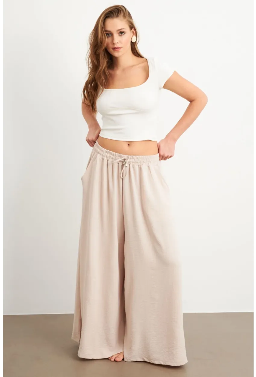 Kadın Taş Beli Lastikli Cepli Palazzo Pantolon Sİ1155