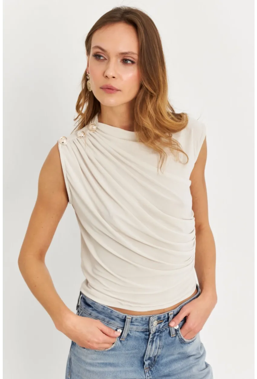 Kadın Taş Düğme Detaylı Büzgülü Bluz LPP1205-1