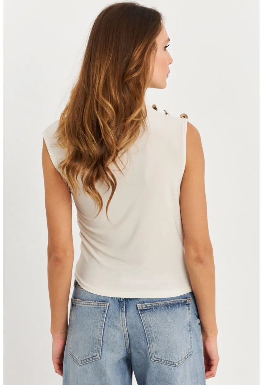 Kadın Taş Düğme Detaylı Büzgülü Bluz LPP1205-1