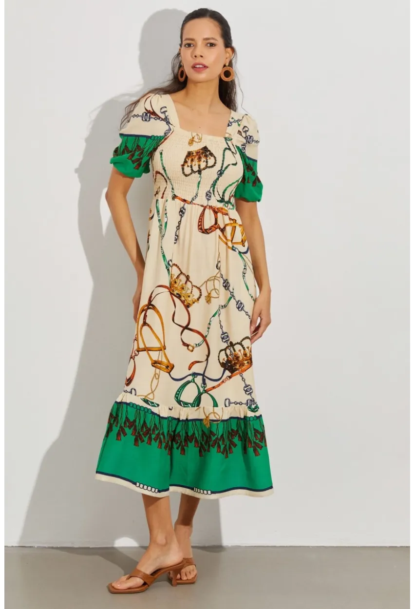 Kadın Taş Gipeli Kare Yaka Midi Elbise ÖM167