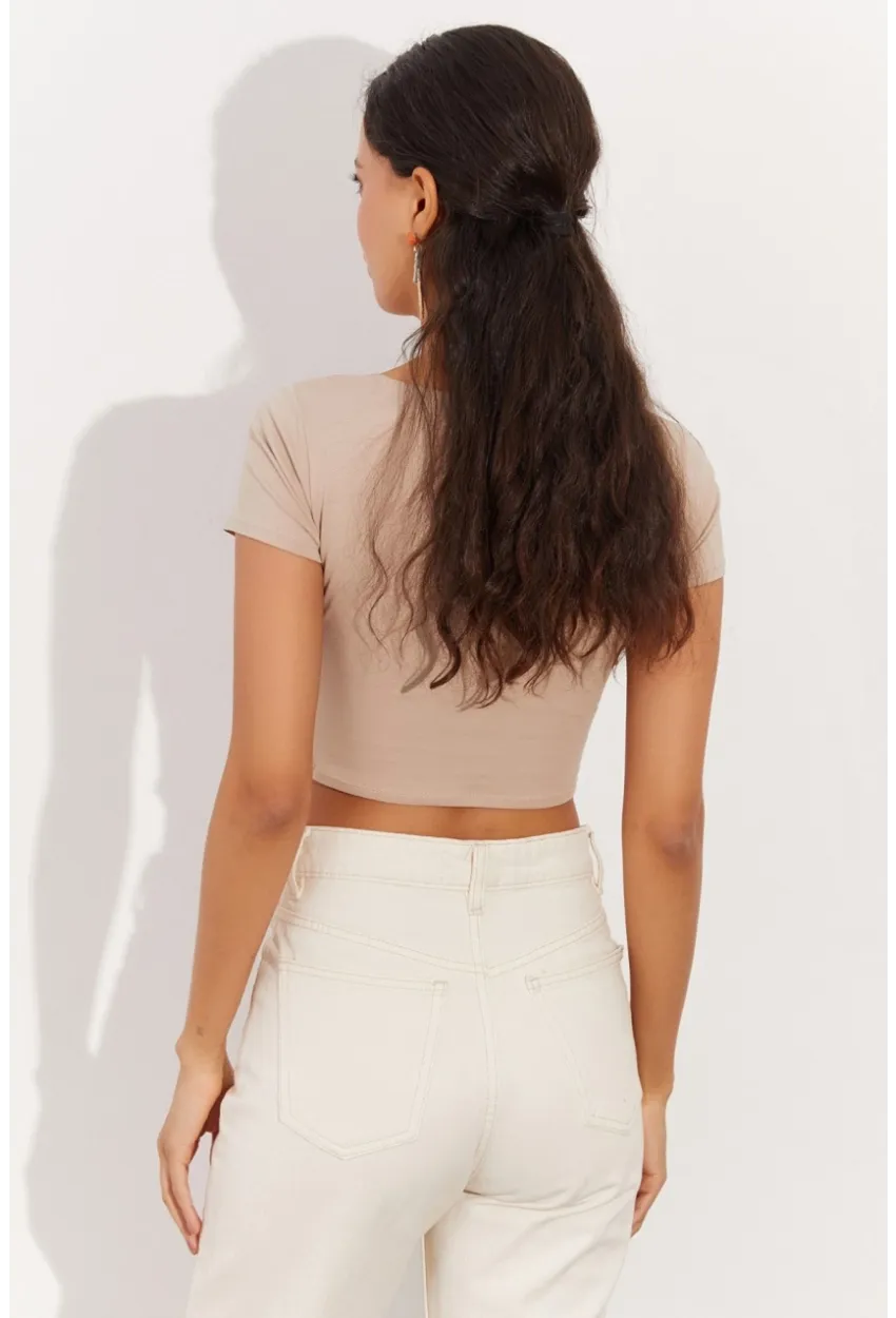 Kadın Taş Kare Yaka Crop Bluz RX420