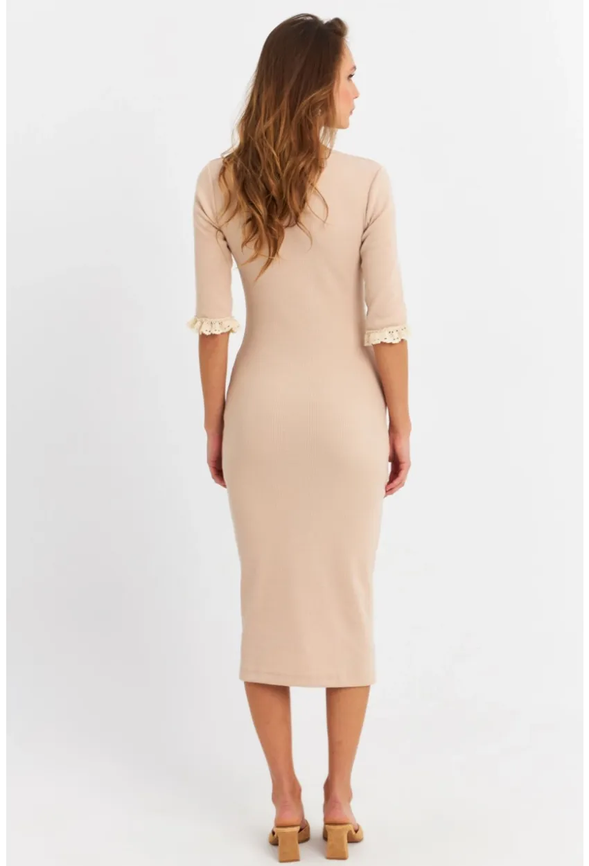 Kadın Taş Kolları Dantel Detaylı Kaşkorse Midi Elbise EY2955