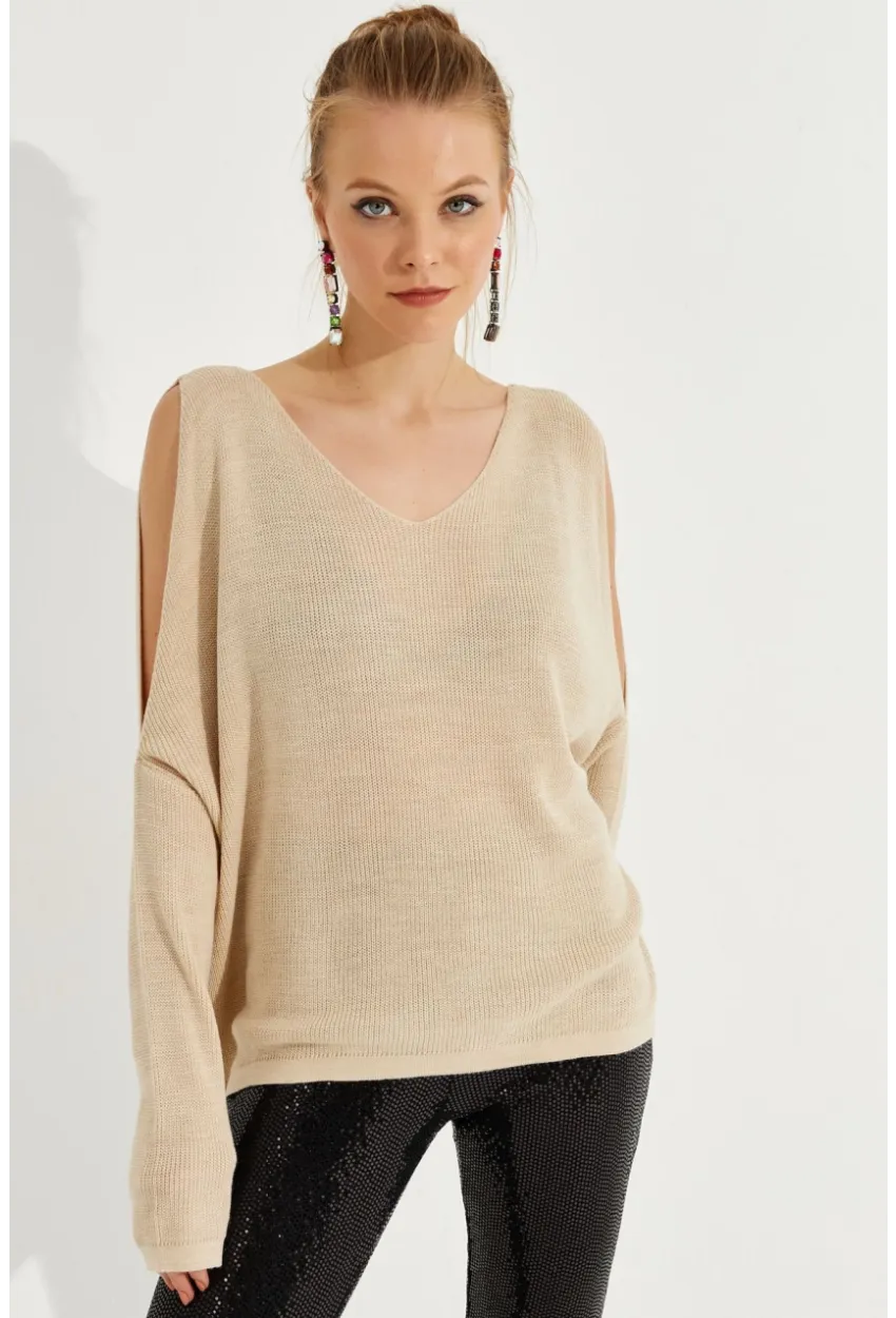 Kadın Taş Kolu Yırtmaçlı Triko Bluz SMT221