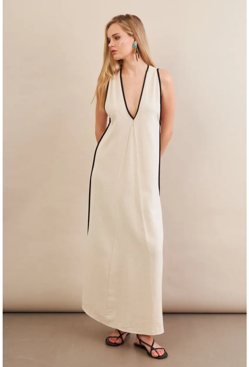 Kadın Taş Kontrast Çizgili Maxi Keten Elbise MSİ101