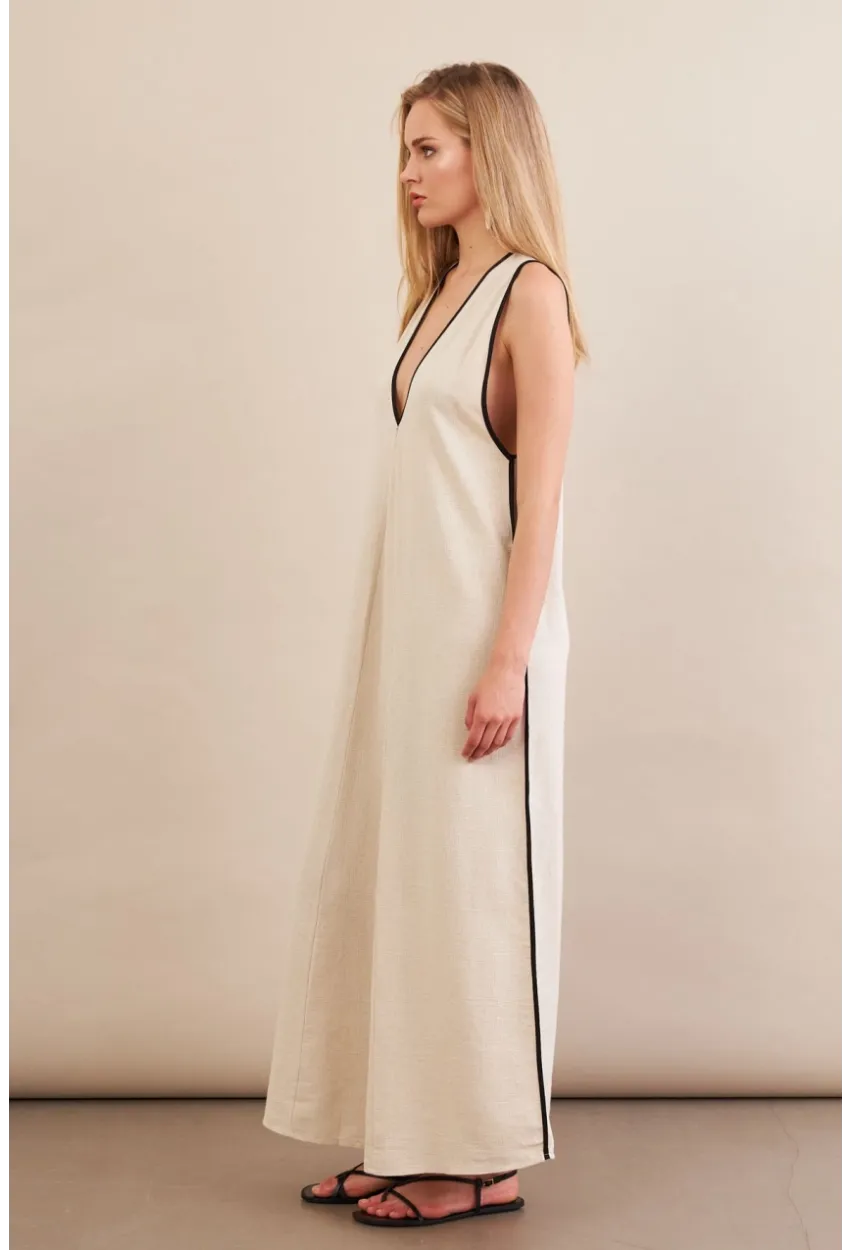 Kadın Taş Kontrast Çizgili Maxi Keten Elbise MSİ101