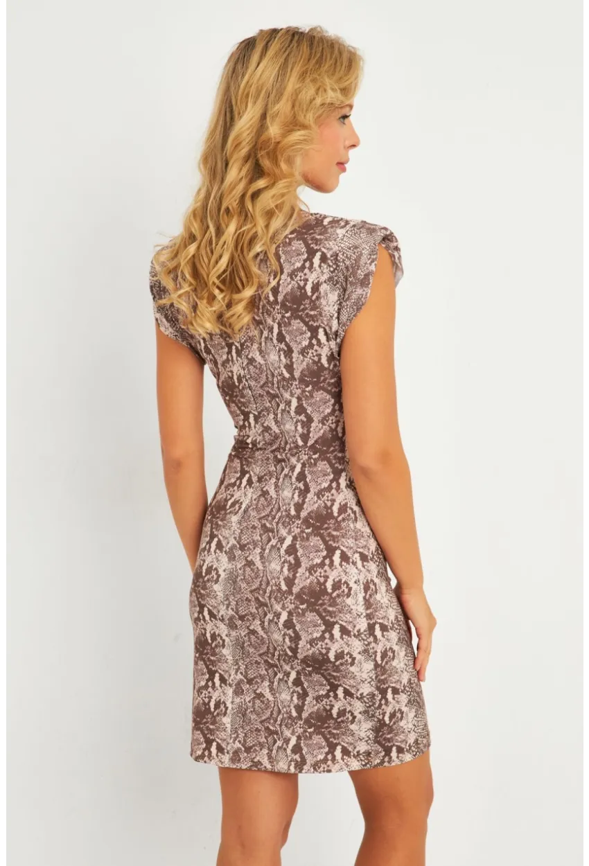 Kadın Taş Omuzları Vatkalı Yılan Desenli Mini Elbise GÇ183
