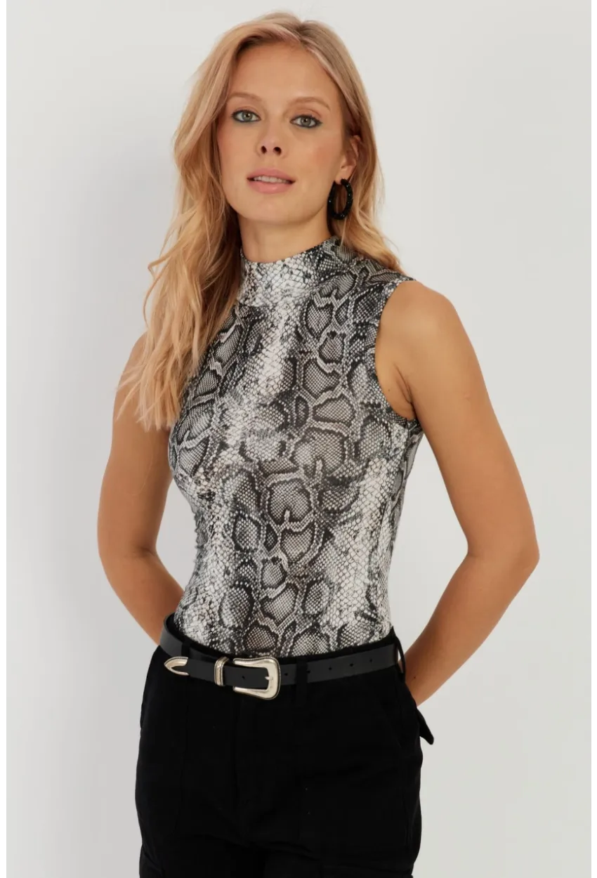 Kadın Taş-Siyah Yılan Desenli Kolsuz Bluz LPP1259